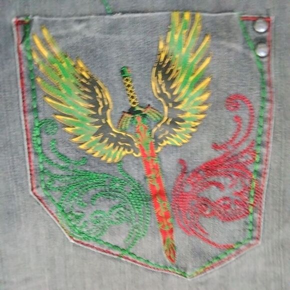 Jinzu Denim Men's Shorts Gray with Red and Green Embroidery Sz 44 - Picture 9 of 10